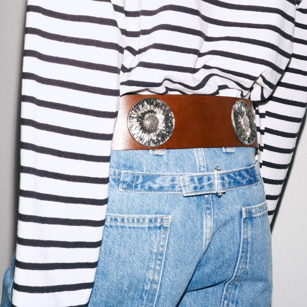 NWT ZARA WIDE LEATHER BELT WITH FLOWER BROWN 1736/059 - Picture 3 of 8